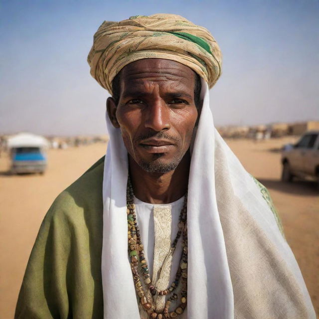 A powerful portrait of a Mauritanian citizen adorned with traditional attire, set against a stark Saharan landscape or the vibrant streets of Nouakchott. Showcase their daily life, enveloped by the rich and unique culture of Mauritania.