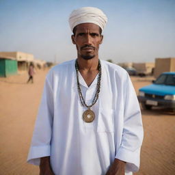 A powerful portrait of a Mauritanian citizen adorned with traditional attire, set against a stark Saharan landscape or the vibrant streets of Nouakchott. Showcase their daily life, enveloped by the rich and unique culture of Mauritania.