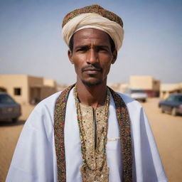 A powerful portrait of a Mauritanian citizen adorned with traditional attire, set against a stark Saharan landscape or the vibrant streets of Nouakchott. Showcase their daily life, enveloped by the rich and unique culture of Mauritania.