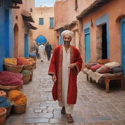 A vibrant depiction of a Moroccan citizen in traditional attire, engaged in daily activities. The backdrop captures Morocco's unique blend of Berber, Arabian, and European cultural influences, with bustling bazaars, sunlit squares, and architecturally rich streets.