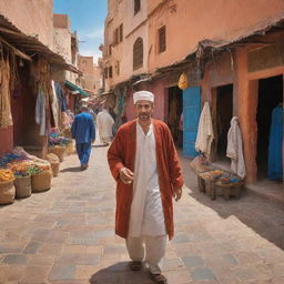 A vibrant depiction of a Moroccan citizen in traditional attire, engaged in daily activities. The backdrop captures Morocco's unique blend of Berber, Arabian, and European cultural influences, with bustling bazaars, sunlit squares, and architecturally rich streets.