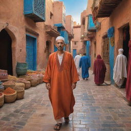 A vibrant depiction of a Moroccan citizen in traditional attire, engaged in daily activities. The backdrop captures Morocco's unique blend of Berber, Arabian, and European cultural influences, with bustling bazaars, sunlit squares, and architecturally rich streets.