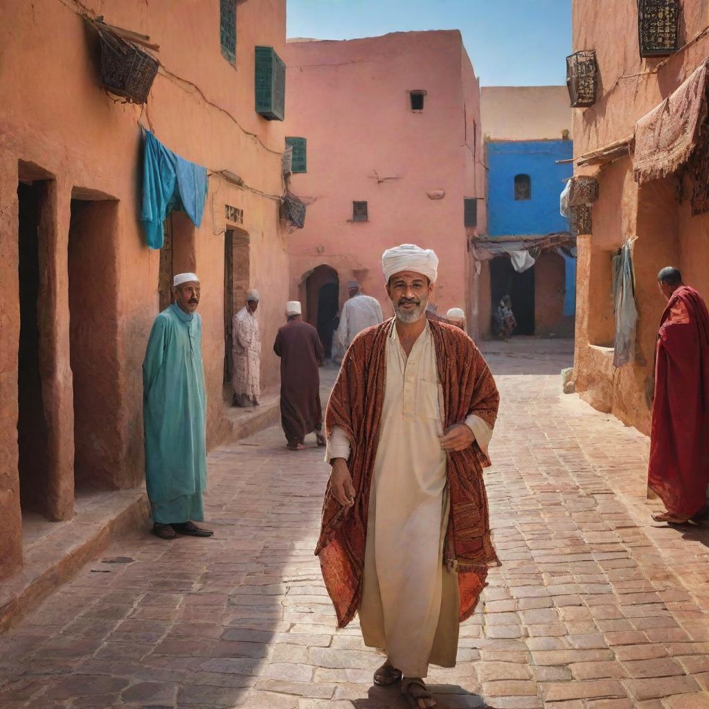 A vibrant depiction of a Moroccan citizen in traditional attire, engaged in daily activities. The backdrop captures Morocco's unique blend of Berber, Arabian, and European cultural influences, with bustling bazaars, sunlit squares, and architecturally rich streets.