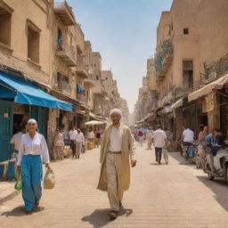 A dynamic representation of a modern Egyptian citizen living their daily life. Display vibrant city streets of Cairo, lush Nile delta, and historical landmarks while the subject wears traditional or contemporary clothing, capturing the essence of Egyptian culture.