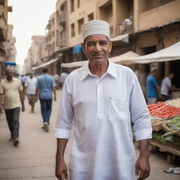 A candid portrait of a modern Egyptian citizen, engaged in daily life activities. Providing a glimpse of Egypt's urban scene or rural landscapes, featuring traditional attire, bustling markets, and iconic background elements like the river Nile or ancient structures.