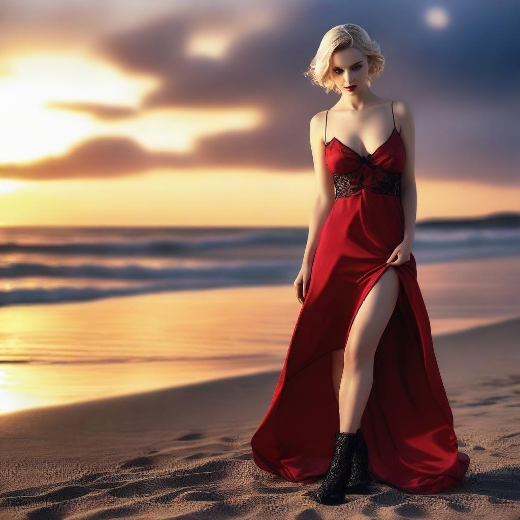 This is a high-quality photo-realistic image of a strikingly attractive vampire girl with short blonde hair on a beach at sunset