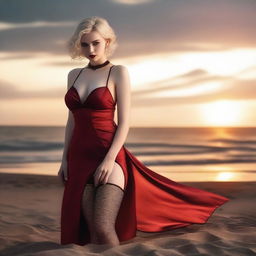 This is a high-quality photo-realistic image of a strikingly attractive vampire girl with short blonde hair on a beach at sunset