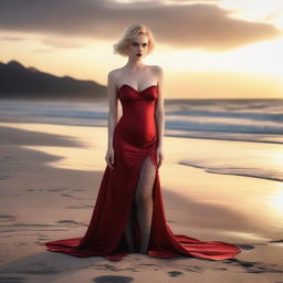 This is a high-quality photo-realistic image of a strikingly attractive vampire girl with short blonde hair on a beach at sunset