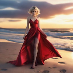 This is a high-quality photo-realistic image of a strikingly attractive vampire girl with short blonde hair on a beach at sunset