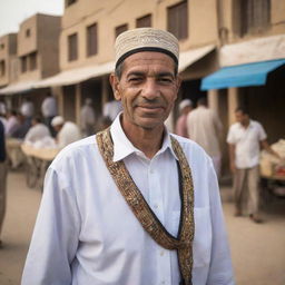 A candid portrait of a modern Egyptian citizen, engaged in daily life activities. Providing a glimpse of Egypt's urban scene or rural landscapes, featuring traditional attire, bustling markets, and iconic background elements like the river Nile or ancient structures.