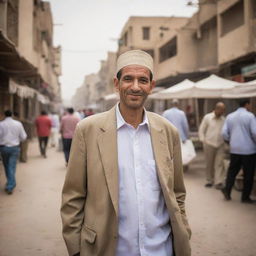 A candid portrait of a modern Egyptian citizen, engaged in daily life activities. Providing a glimpse of Egypt's urban scene or rural landscapes, featuring traditional attire, bustling markets, and iconic background elements like the river Nile or ancient structures.