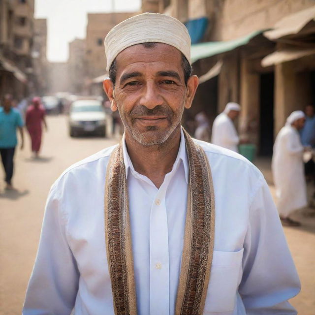 A candid portrait of a modern Egyptian citizen, engaged in daily life activities. Providing a glimpse of Egypt's urban scene or rural landscapes, featuring traditional attire, bustling markets, and iconic background elements like the river Nile or ancient structures.