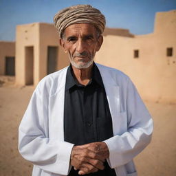 A thoughtful portrait of an old Libyan citizen, dressed in traditional attire, amidst their everyday surroundings. The backdrop, whether a simple rural scene or an urban landscape, tells the long narratives and rich history of Libyan life.