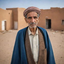 A thoughtful portrait of an old Libyan citizen, dressed in traditional attire, amidst their everyday surroundings. The backdrop, whether a simple rural scene or an urban landscape, tells the long narratives and rich history of Libyan life.