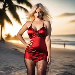 This is a high-quality photograph of a voluptuous blonde vampire on a beach at sunset