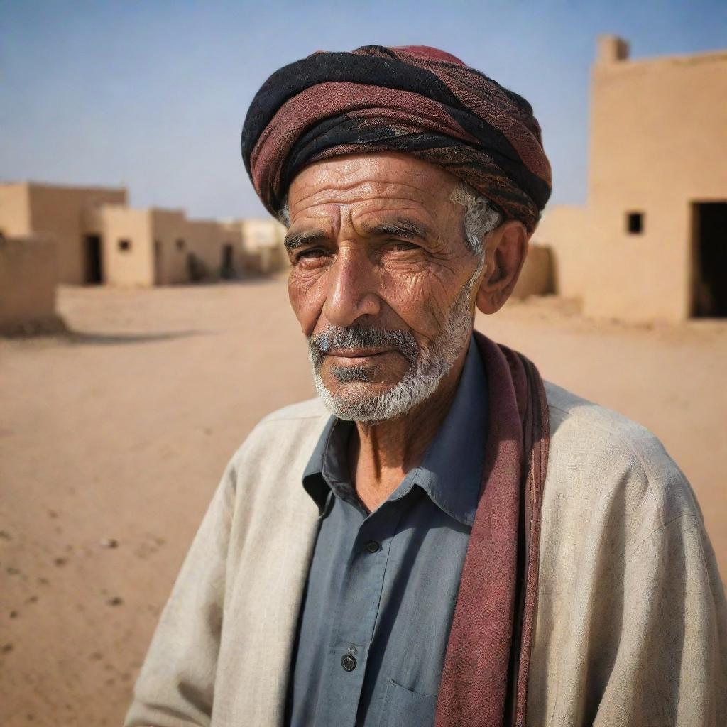 A thoughtful portrait of an old Libyan citizen, dressed in traditional attire, amidst their everyday surroundings. The backdrop, whether a simple rural scene or an urban landscape, tells the long narratives and rich history of Libyan life.