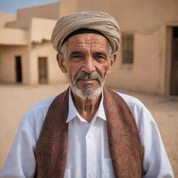 A thoughtful portrait of an old Libyan citizen, dressed in traditional attire, amidst their everyday surroundings. The backdrop, whether a simple rural scene or an urban landscape, tells the long narratives and rich history of Libyan life.