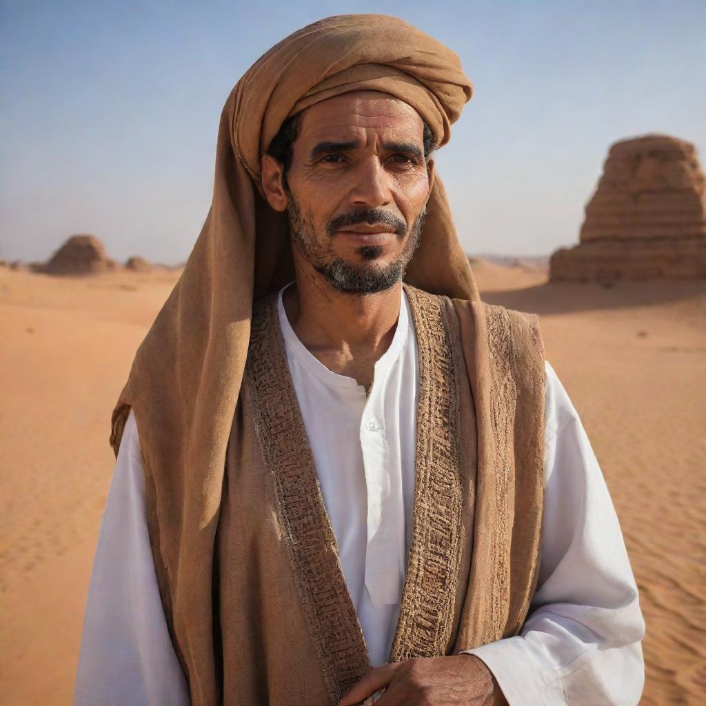 A detailed portrayal of an ancient Libyan man clothed in traditional attire of the time. The scene could display him in an everyday ancient setting, against the backdrop of the Sahara desert and ancient monuments showcasing Libya's historical heritage.