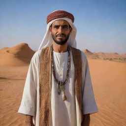 A detailed portrayal of an ancient Libyan man clothed in traditional attire of the time. The scene could display him in an everyday ancient setting, against the backdrop of the Sahara desert and ancient monuments showcasing Libya's historical heritage.