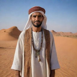 A detailed portrayal of an ancient Libyan man clothed in traditional attire of the time. The scene could display him in an everyday ancient setting, against the backdrop of the Sahara desert and ancient monuments showcasing Libya's historical heritage.