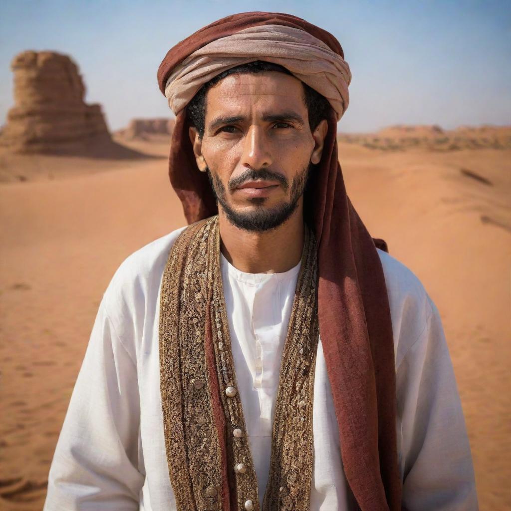 A detailed portrayal of an ancient Libyan man clothed in traditional attire of the time. The scene could display him in an everyday ancient setting, against the backdrop of the Sahara desert and ancient monuments showcasing Libya's historical heritage.