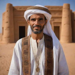 A detailed portrayal of an ancient Libyan man clothed in traditional attire of the time. The scene could display him in an everyday ancient setting, against the backdrop of the Sahara desert and ancient monuments showcasing Libya's historical heritage.