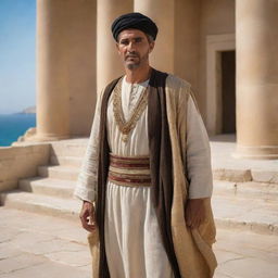 A realistic depiction of an ancient Tunisian man clothed in period attire, situated in an historical setting. Including aesthetic elements of ancient Carthage in the background, perhaps the Punic ports or the amphitheater, to reflect Tunisia's vibrant history.