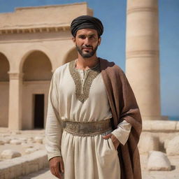 A realistic depiction of an ancient Tunisian man clothed in period attire, situated in an historical setting. Including aesthetic elements of ancient Carthage in the background, perhaps the Punic ports or the amphitheater, to reflect Tunisia's vibrant history.