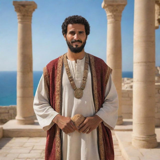 A realistic depiction of an ancient Tunisian man clothed in period attire, situated in an historical setting. Including aesthetic elements of ancient Carthage in the background, perhaps the Punic ports or the amphitheater, to reflect Tunisia's vibrant history.