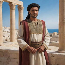 A realistic depiction of an ancient Tunisian man clothed in period attire, situated in an historical setting. Including aesthetic elements of ancient Carthage in the background, perhaps the Punic ports or the amphitheater, to reflect Tunisia's vibrant history.