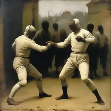The painter captured the intensity of the riposte in his masterpiece depicting a fencing match.