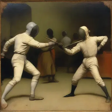 The painter captured the intensity of the riposte in his masterpiece depicting a fencing match.