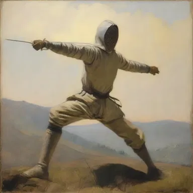 The artist depicted a fencer expertly riposting in a breathtaking painting.