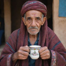 An elderly Libyan citizen with deep wrinkles and wise eyes, dressed in traditional Libyan garb with vivid patterns and holding a cup of traditional tea.