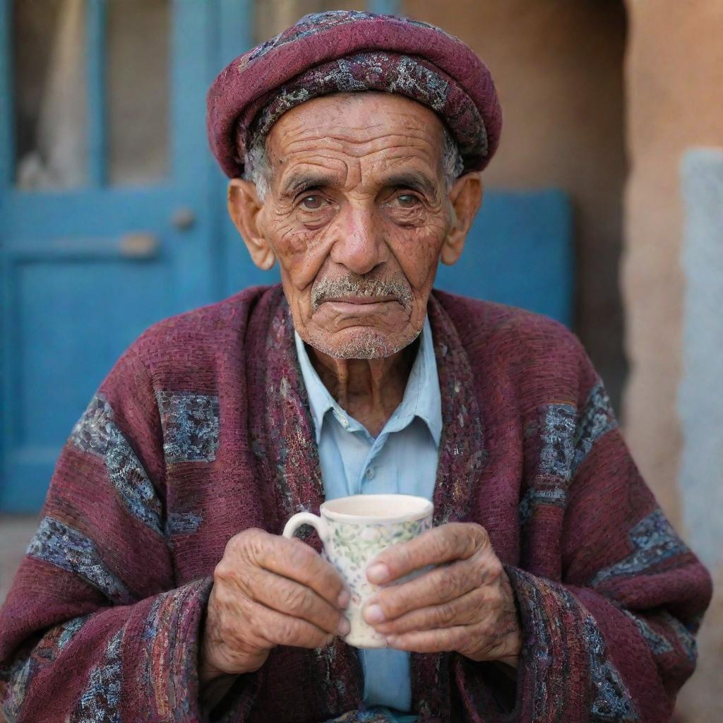 An elderly Libyan citizen with deep wrinkles and wise eyes, dressed in traditional Libyan garb with vivid patterns and holding a cup of traditional tea.