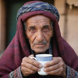 An elderly Libyan citizen with deep wrinkles and wise eyes, dressed in traditional Libyan garb with vivid patterns and holding a cup of traditional tea.