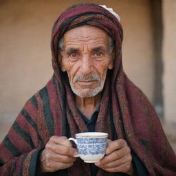 An elderly Libyan citizen with deep wrinkles and wise eyes, dressed in traditional Libyan garb with vivid patterns and holding a cup of traditional tea.