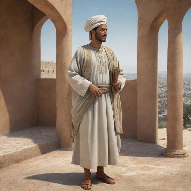 Render an ancient Algerian man in historical attire, engaged in daily tasks amid setting reminiscent of historic Algeria, know as Numidia. Including elements like Roman era architectural marvels or the lush Mediterranean landscapes for a sense of time and place.