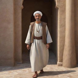 Render an ancient Algerian man in historical attire, engaged in daily tasks amid setting reminiscent of historic Algeria, know as Numidia. Including elements like Roman era architectural marvels or the lush Mediterranean landscapes for a sense of time and place.