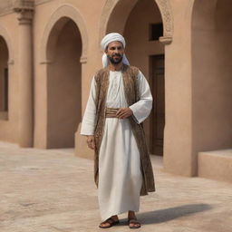 Render an ancient Algerian man in historical attire, engaged in daily tasks amid setting reminiscent of historic Algeria, know as Numidia. Including elements like Roman era architectural marvels or the lush Mediterranean landscapes for a sense of time and place.