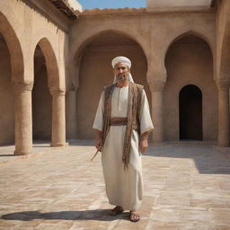 Render an ancient Algerian man in historical attire, engaged in daily tasks amid setting reminiscent of historic Algeria, know as Numidia. Including elements like Roman era architectural marvels or the lush Mediterranean landscapes for a sense of time and place.