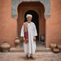 Depict an ancient Moroccan man in traditional attire, set in a period context. The backdrop showcases characteristic elements of ancient Morocco such as bustling souks, caravanserais or decorative Moorish architectures, painting a vivid picture of historical Moroccan life.