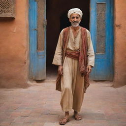 Depict an ancient Moroccan man in traditional attire, set in a period context. The backdrop showcases characteristic elements of ancient Morocco such as bustling souks, caravanserais or decorative Moorish architectures, painting a vivid picture of historical Moroccan life.