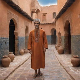 Depict an ancient Moroccan man in traditional attire, set in a period context. The backdrop showcases characteristic elements of ancient Morocco such as bustling souks, caravanserais or decorative Moorish architectures, painting a vivid picture of historical Moroccan life.