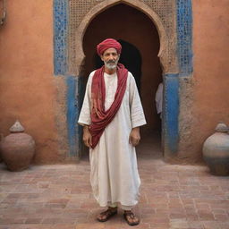 Depict an ancient Moroccan man in traditional attire, set in a period context. The backdrop showcases characteristic elements of ancient Morocco such as bustling souks, caravanserais or decorative Moorish architectures, painting a vivid picture of historical Moroccan life.