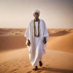 An ancient Mauritanian man, dressed in traditional attire of the time, set amidst a backdrop of vast Saharan landscapes or ancient caravan routes. The image echoes the rich history and unique cultural heritage of Mauritania.