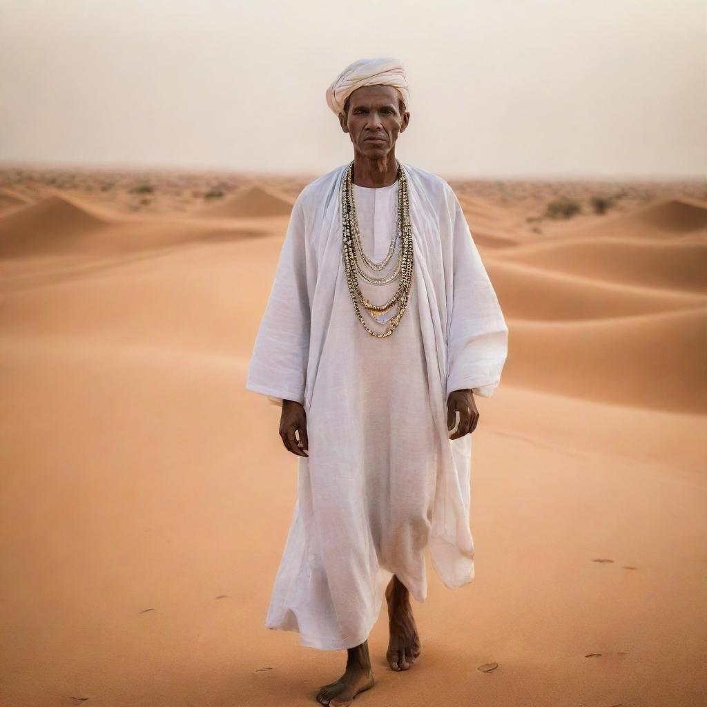 An ancient Mauritanian man, dressed in traditional attire of the time, set amidst a backdrop of vast Saharan landscapes or ancient caravan routes. The image echoes the rich history and unique cultural heritage of Mauritania.