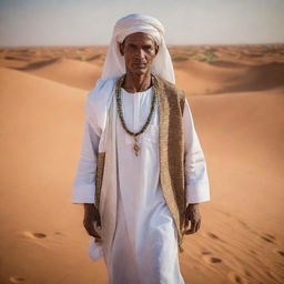 An ancient Mauritanian man, dressed in traditional attire of the time, set amidst a backdrop of vast Saharan landscapes or ancient caravan routes. The image echoes the rich history and unique cultural heritage of Mauritania.