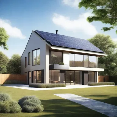 The modern house design incorporates self-generated energy sources, such as solar panels and wind turbines, to reduce dependency on traditional utilities.