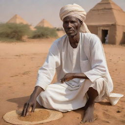 A detailed depiction of an ancient Sudanese man in traditional attire of the time, performing a daily task. The backdrop could be the banks of the Nile, ancient Nubian pyramids or vibrant markets, reflecting the rich historical heritage of Sudan.